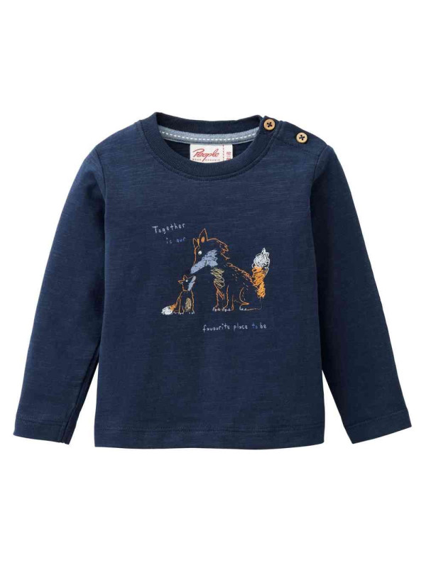 People Wear Organic - Bio Baby Langarmshirt mit Fuchs Familien-Druck, blau