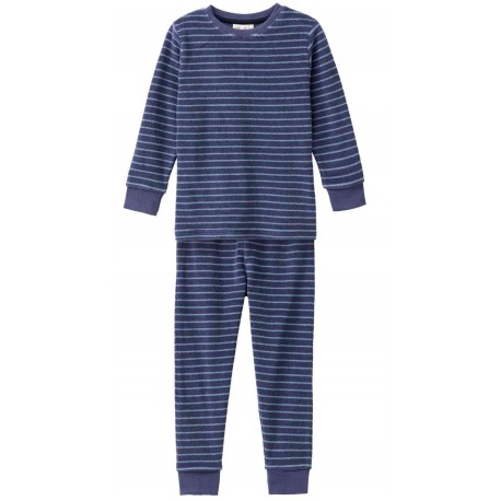 People Wear Organic - Bio Kinder Frottee Schlafanzug mit blauen Streifen, dunkelblau
