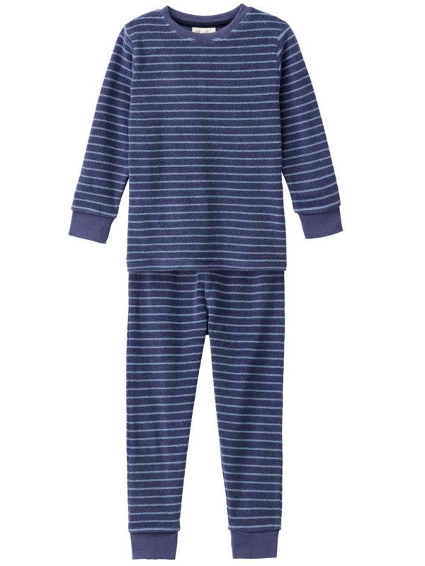 People Wear Organic - Bio Kinder Frottee Schlafanzug mit blauen Streifen, dunkelblau