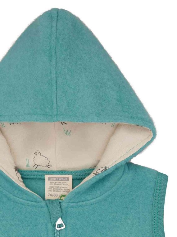 loud + proud  - Bio Kinder Fleece Weste mit Kapuze, Wolle, oregano