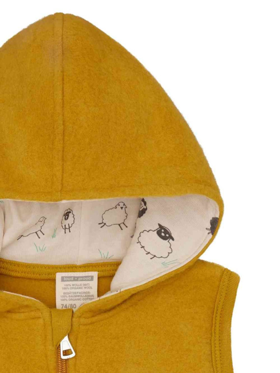loud + proud  - Bio Kinder Fleece Weste mit Kapuze, Wolle, curry