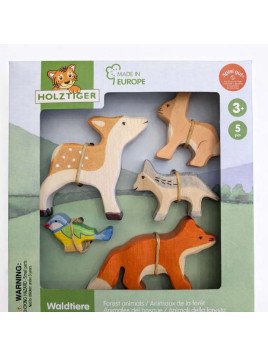 HOLZTIGER - Holzfiguren Waldtiere-Set: Hase, Fuchs, Wolf, Kitz und Blaumeise