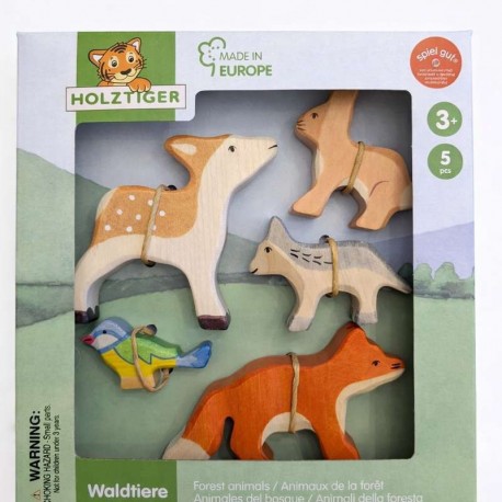 HOLZTIGER - Holzfiguren Waldtiere-Set: Hase, Fuchs, Wolf, Kitz und Blaumeise