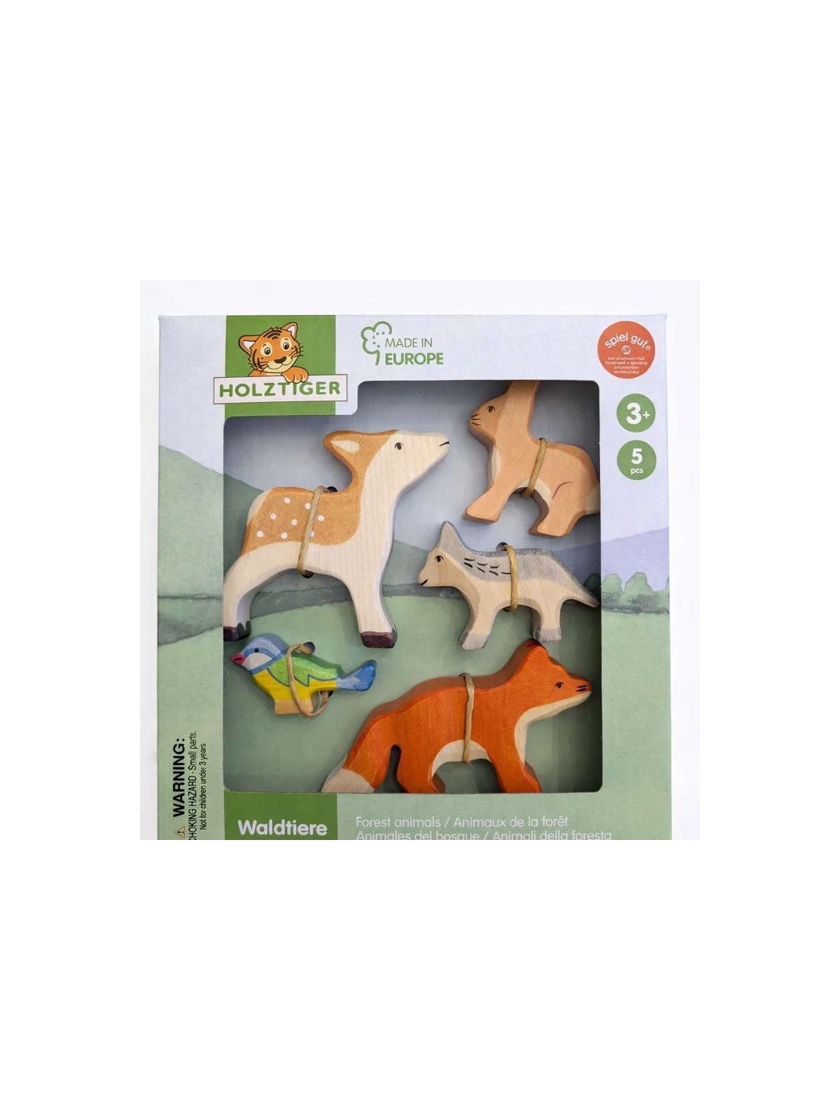 HOLZTIGER - Holzfiguren Waldtiere-Set: Hase, Fuchs, Wolf, Kitz und Blaumeise
