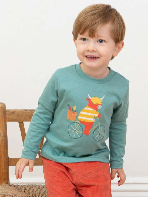kite kids - Bio Kinder Langarmshirt mit Ochse auf dem Fahrrad-Applikation
