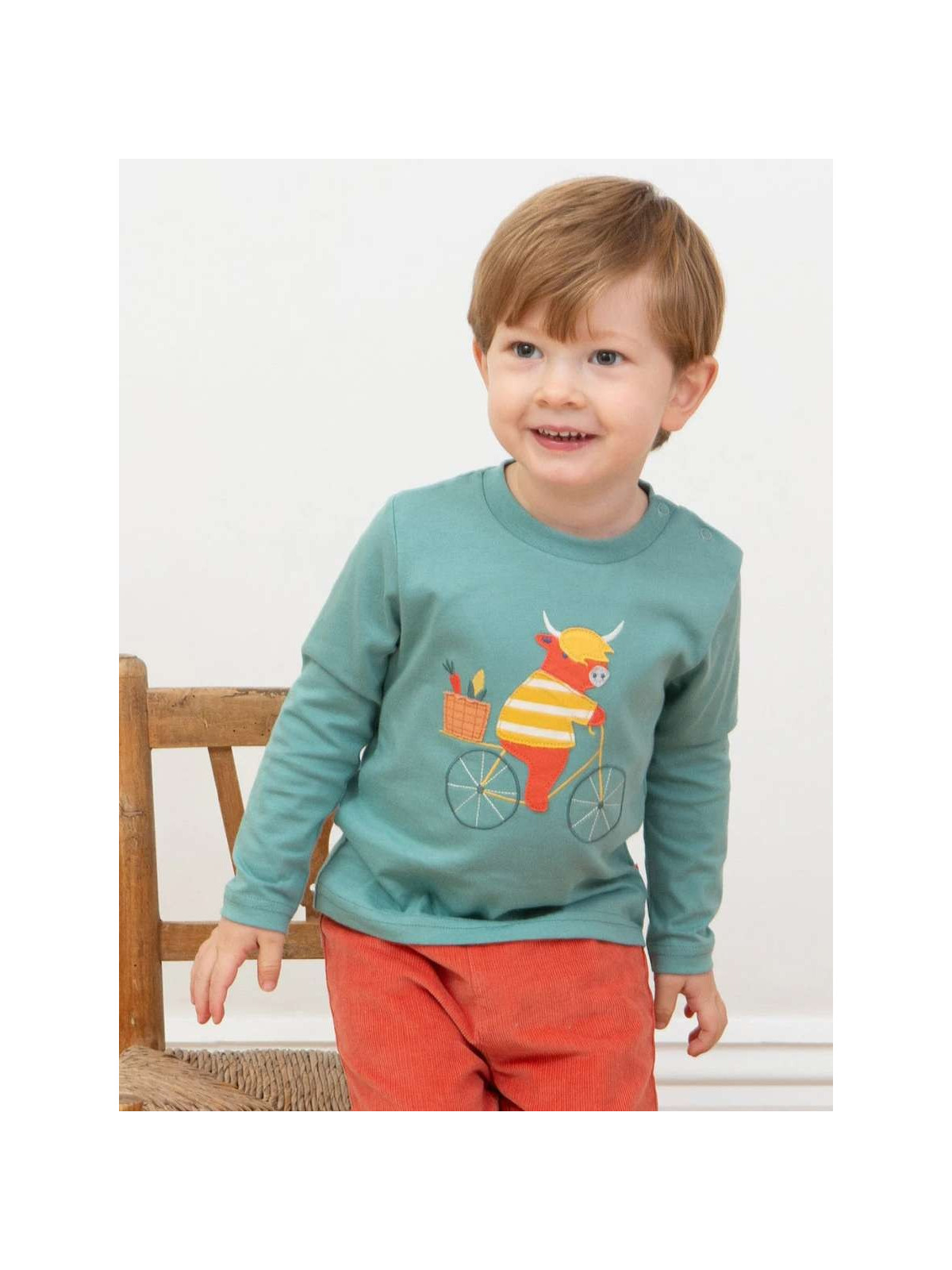 kite kids - Bio Kinder Langarmshirt mit Ochse auf dem Fahrrad-Applikation