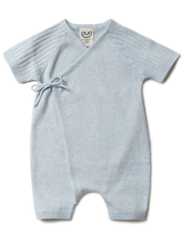 puri organic - Bio Baby Feinstrick Strampler kurz zum Binden, Baumwolle/Seide, hellblau