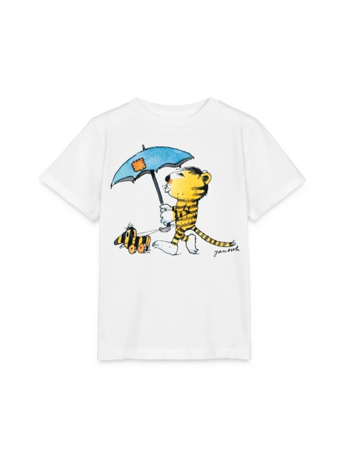 spreadshirt - Bio Kinder T-Shirt mit Janosch-Druck "Tiger mit Schirm", weiß