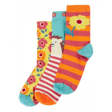 frugi - Bio Kinder Strümpfe 3er-Pack "FRUGI-Rock my Socks" mit Igel und Blumen-Motiven