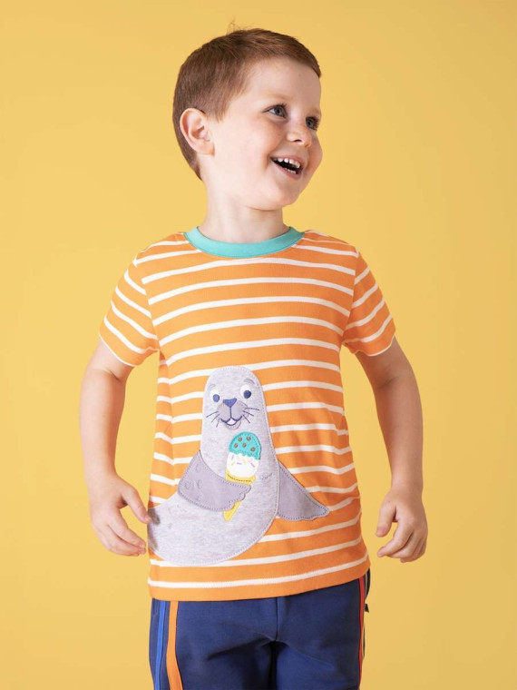 frugi - Bio Kinder T-Shirt "FRUGI-SCOUT" mit Robben-Applikation und Streifen