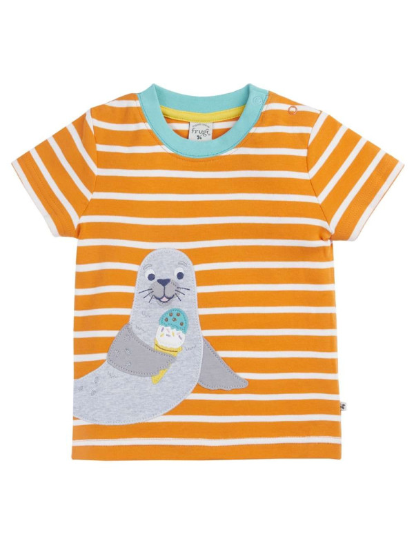 frugi - Bio Kinder T-Shirt "FRUGI-SCOUT" mit Robben-Applikation und Streifen
