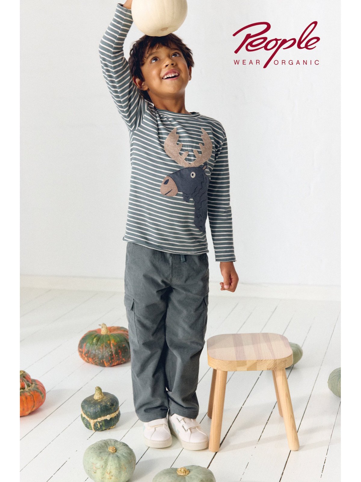 People Wear Organic - Bio Kinder Langarmshirt mit Elch-Applikation und Streifen