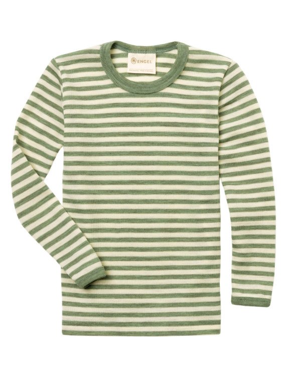 ENGEL - Bio Kinder Unterhemd langarm mit Streifen, Wolle, salbei melange/natur