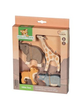 HOLZTIGER - Holzfiguren Wilde Tiere-Set: Nilpferd, Löwe, Elefant und Giraffe