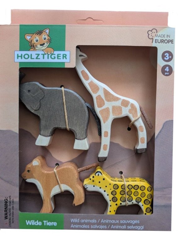 HOLZTIGER - Holzfiguren Wilde Tiere-Set: Leopard, Löwe, Elefant und Giraffe
