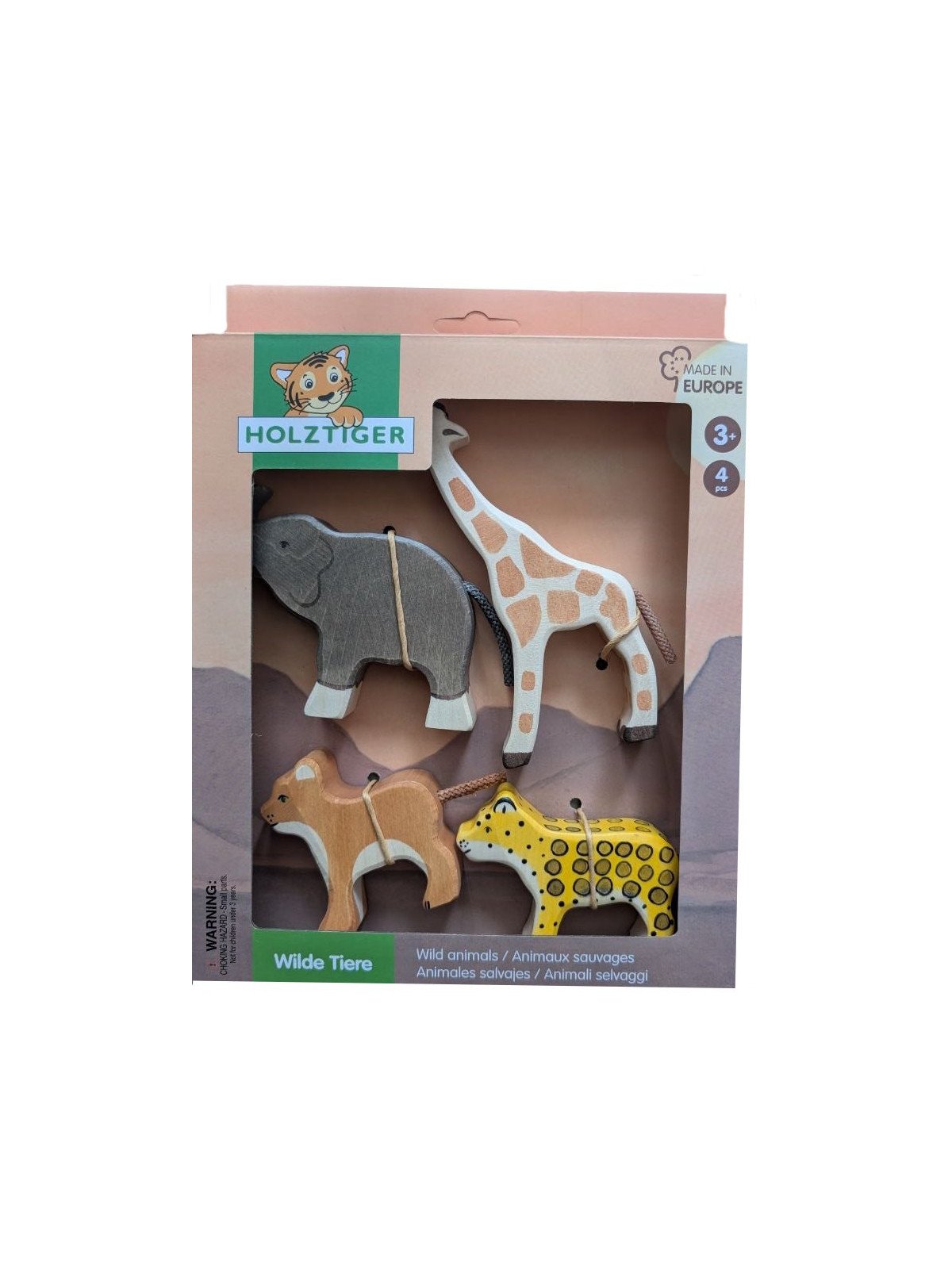 HOLZTIGER - Holzfiguren Wilde Tiere-Set: Leopard, Löwe, Elefant und Giraffe
