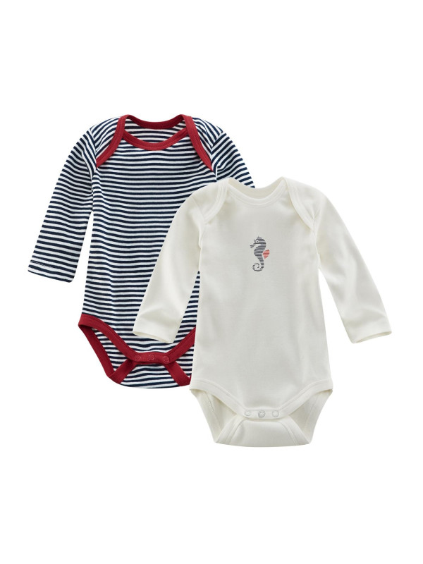 LIVING CRAFTS - Bio Baby Bodys langarm Doppelpack mit Streifen und Seepferdchen-Motiv