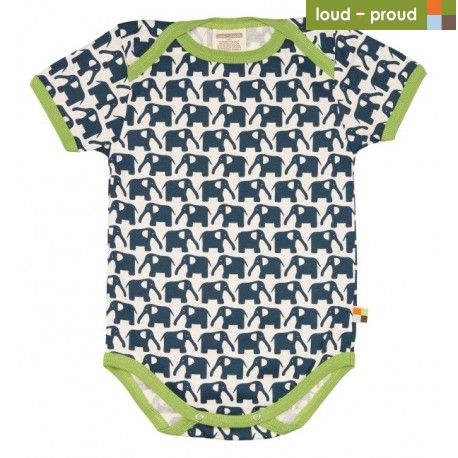 loud + proud - Bio Baby Body kurzarm mit Elefanten-Druck, marine