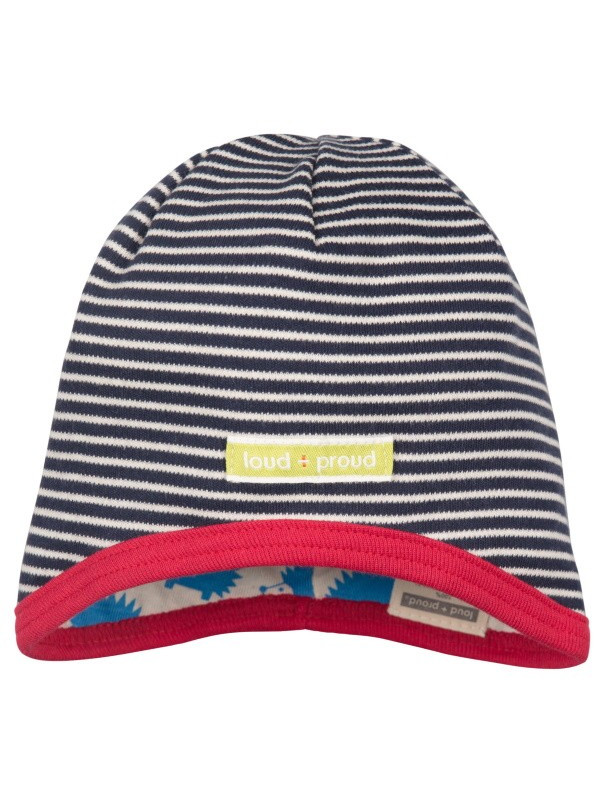 loud + proud - Bio Kinder Wende Mütze mit Streifen und Igel-Druck, navy