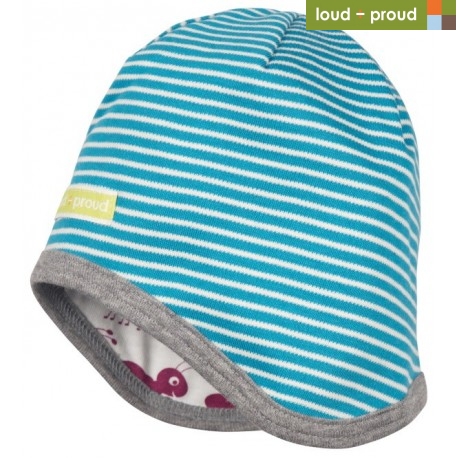 loud + proud - Bio Kinder Wende Mütze mit Streifen und Ameisen-Druck, petrol