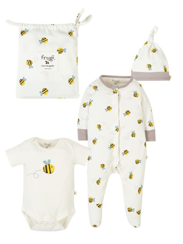 frugi - Bio Baby Set Strampler, Body und Mütze mit Bienen-Motiv