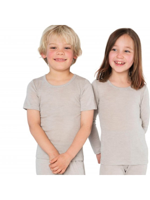 LIVING CRAFTS - Bio Kinder Unterhemd kurzarm gestreift, Wolle/Seide, grau