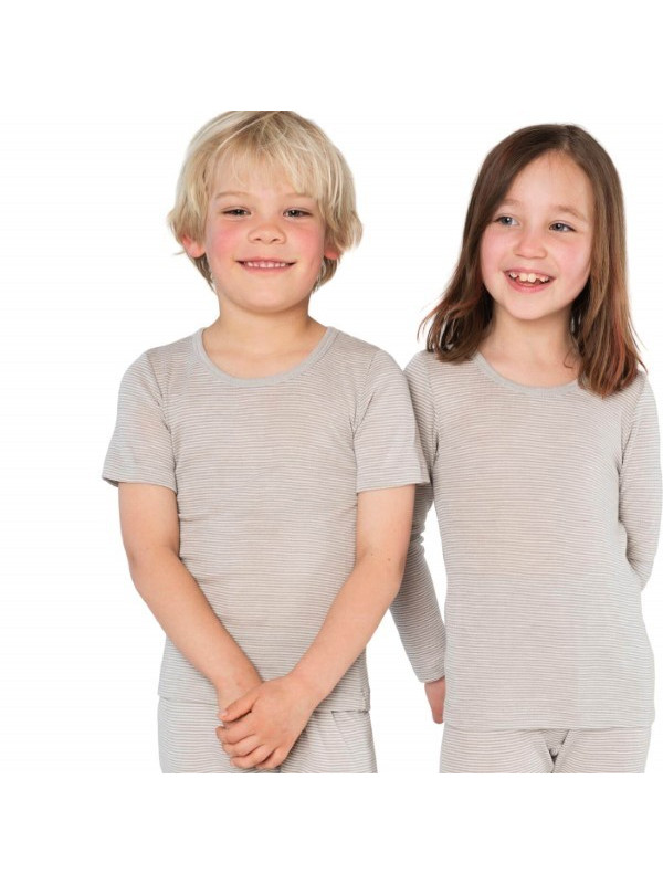 LIVING CRAFTS - Bio Kinder Unterhemd kurzarm gestreift, Wolle/Seide, grau