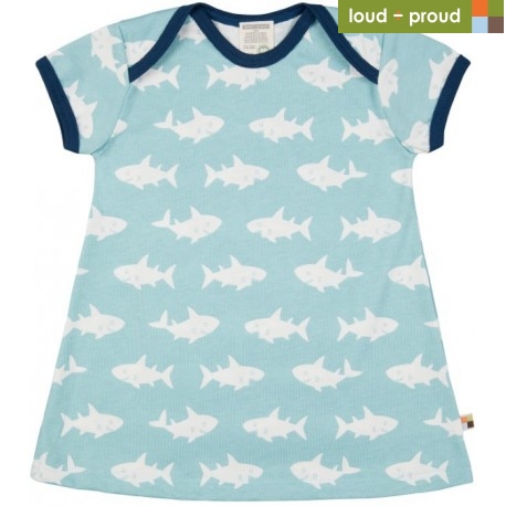 loud + proud - Bio Kinder Jersey Kleid mit Hai-Allover, lagoon