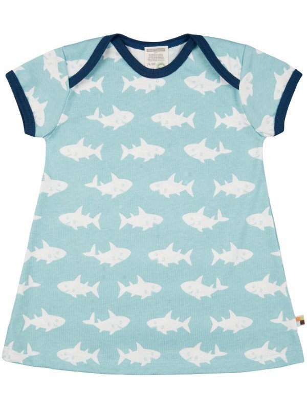loud + proud - Bio Kinder Jersey Kleid mit Hai-Allover, lagoon
