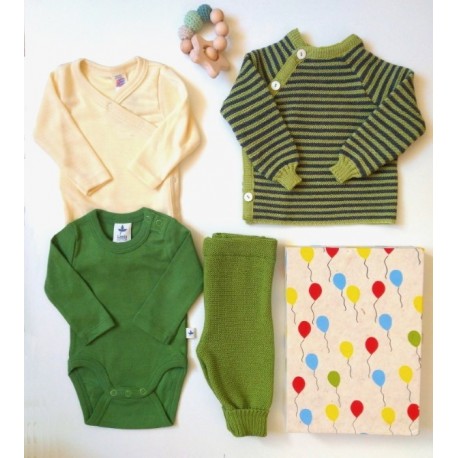 Baby Geschenkbox zur Geburt "Grünes Zwerglein" mit 2 Bodys, Pullover, Hose und Greifling