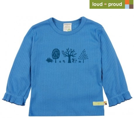 loud + proud - Bio Kinder Langarmshirt Derby Rib mit Wald-Druck, indigo