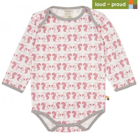 loud + proud - Bio Baby Body langarm mit Eichhörnchen-Druck. mauve