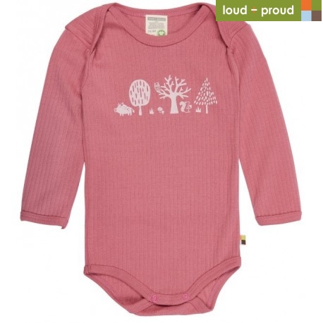 loud + proud - Bio Baby Body langarm Derby Rib mit Wald-Druck, mauve