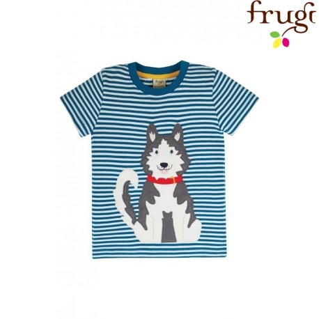 frugi - Bio Kinder T-Shirt "Sid" mit Husky-Applikation und Streifen
